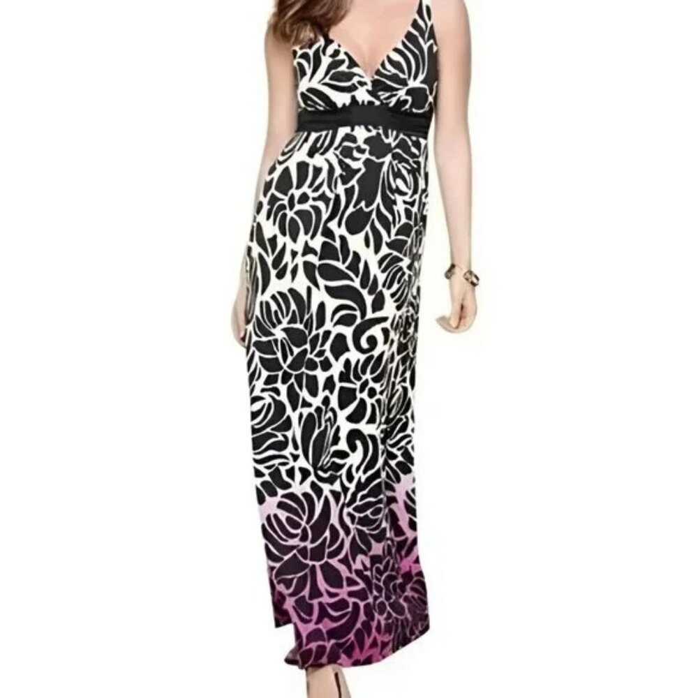 NWT Soma Ombre Black Pink & White Floral Stretchy Empire Goddess Maxi Dress M